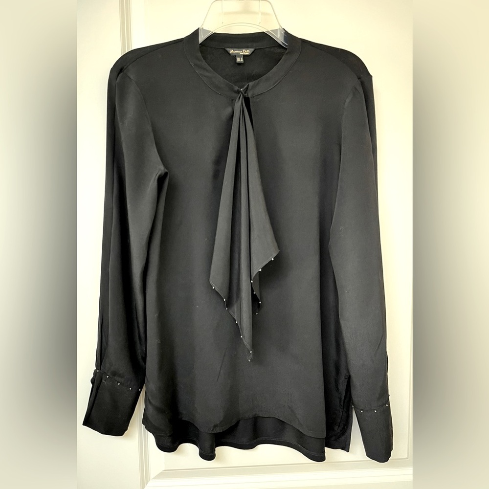 Massimo Dutti - Sophisticated Black Long Sleeve Tie Front Blouse Top - Small